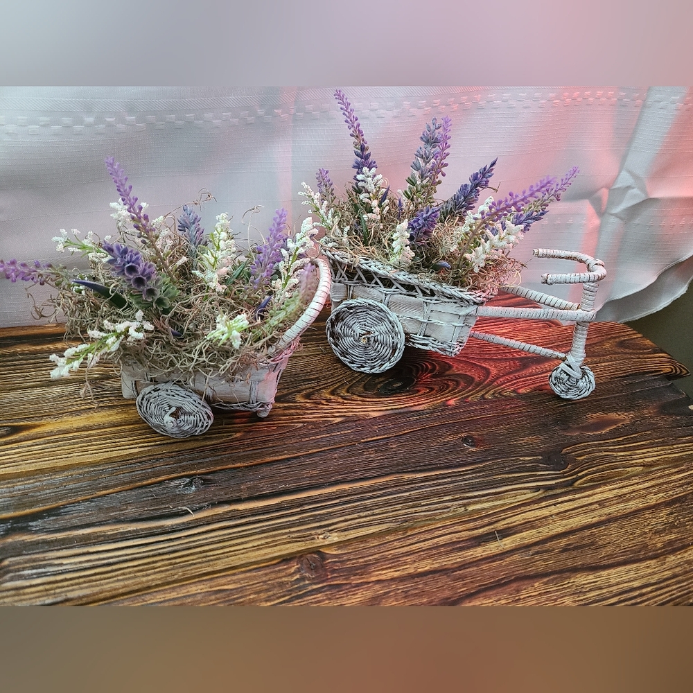 Set of Two Cottagecore Wicker Planters with Lavendar Flowers